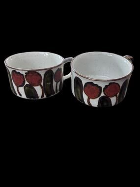 Vintage Pair of 70s Otagiri Style Floral Mid-Century Modern Stoneware Soup Mug